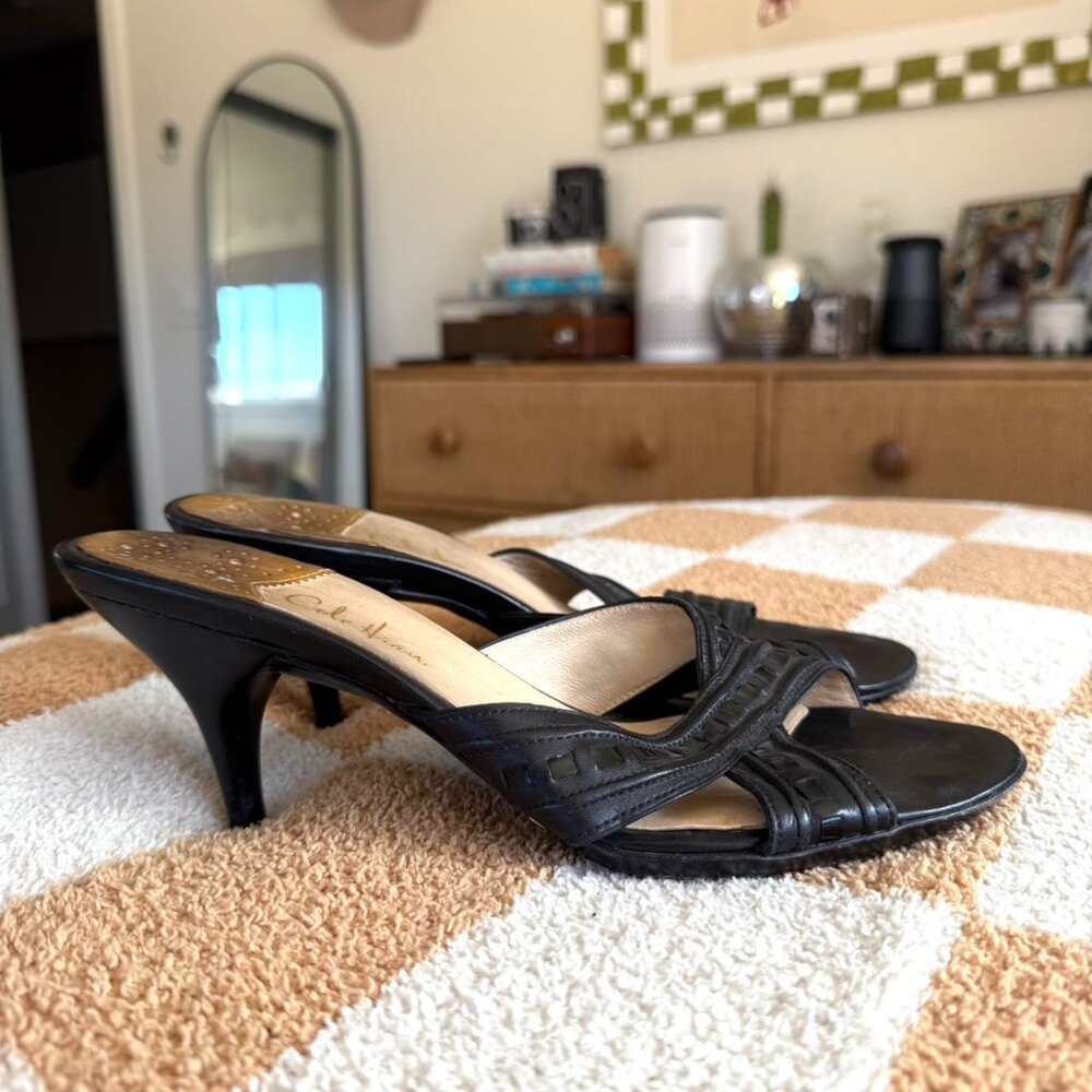 COLE HAAN BLACK LEATHER KITTEN HEELS SANDALS PUMPS WOMENS SIZE 8